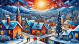 Fototapeta Mapy - cubism painting of vibrant cozy winter Christmas eve