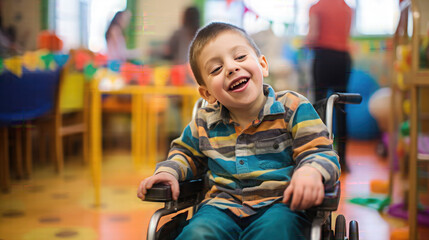 Wall Mural - Inclusiveness and accessibility of healthcare facilities for children with disabilities. Disabled boy in a wheelchair in the hospital