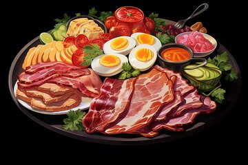 Wall Mural - appetizing breakfast plate, with egg, bacon and ham 