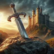 Excalibur. The Mythical Sword In The Stone. Camelot Castle On Background.