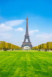 Fototapeta Boho - Eiffel Tower on sunny spring day. View from green lawn on Champs de Mars. Paris, France