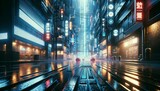 Fototapeta Przestrzenne - Neon-lit Cyberpunk Cityscape: Futuristic Japanese Metropolis in the Rain.