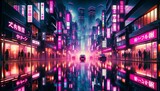 Fototapeta Nowy Jork - Neon-lit Cyberpunk Cityscape: Futuristic Japanese Metropolis in the Rain.