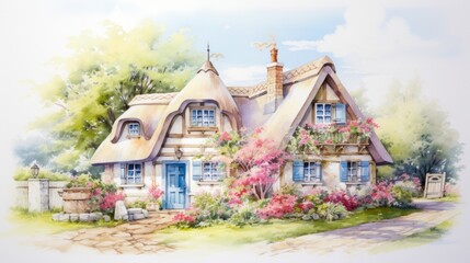 Sticker - An illustration of a cottage with a garden, AI