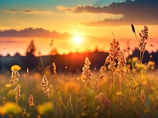 Poster - Banner with beautiful meadow with wild flowers over sunset sky. Beauty nature field background with sun flare. Bokeh, silhouettes of wild grass and flower. Beautiful summer or autumn nature backdrop