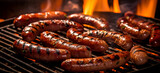 Fototapeta  - ruddy fried sausages on a dark Sausage with smoke on k grilled sausage on k juicy  sausage on grilled barbecue BBQ pork.AI Generative
