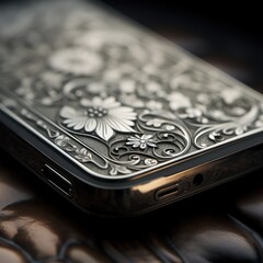 Poster - A close up of a silver phone case with intricate designs, AI