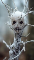 Wall Mural - A creepy looking snowman with a face made out of branches, AI