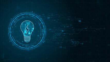 Poster - blue digital lamp logo and circle futuristic hud elements with flowing arrows with lightbulb and ide