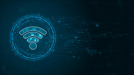 Poster - Blue digital WIFI logo and circle futuristic HUD elements with flowing arrows with data transfer and Wireless Fidelity connection concepts on abstract background