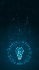 Poster - Blue digital lamp logo and circle futuristic HUD elements with flowing arrows with lightbulb and ideas concept on abstract background vertical