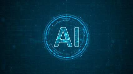 Poster - blue digital ai letter and circle futuristic hud elements with flowing arrows with ai chatbot and ma