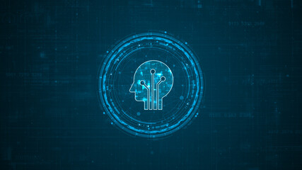 Poster - Blue digital robot head logo and circle futuristic HUD elements with flowing arrows with Ai chatbot and machine learning technology and ai assistance concepts on abstract background