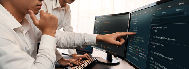 Wall Mural - Software development team working together in office, coding script display on computer monitor. Programmer and software engineer working in tech developer company. Trailblazing