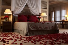 Valentines Day Living Room, Bed Room Wiht Red Rose Petals.