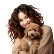 Happy young woman with hugging cute puppy, smiling as pet owner holding dog with love and care in studio, isolated on transparent background Generative AI