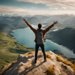 A person standing on a hill with arms outstretched in the air with mountains in the background and a body of water in the distance, a stock photo, regionalism