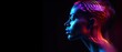 head of the diverse person lit with colorful neon light isolated on black background. Music festival, techno, tech business, electronic music banner.
