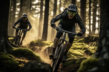 two cyclists in the muddy forest