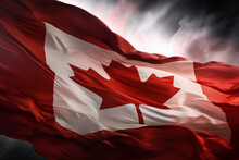 AI Generated Image. Stunning Canadian Flag Flowing With The Wind Against A Dramatic Moody Sky