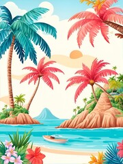 Wall Mural - Cartoon beach and palms landscape. AI generated illustration