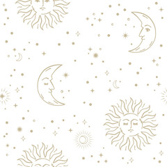 Wall Mural - Mystic gold sun and crescent moon, stars illustration on white background. Vector seamless pattern.