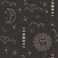 Wall Mural - Mystic gold sun and crescent moon, stars illustration on dark background. Vector seamless pattern.
