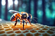 Biene als Makroaufnahme orange leuchtend vor einem unscharfen Hintergrund aus grünen Wald oder Garten. Honig Sammlerin und Schwarmtier, Insekt des Sommers in einer natürlichen gesunden Umgebung.  