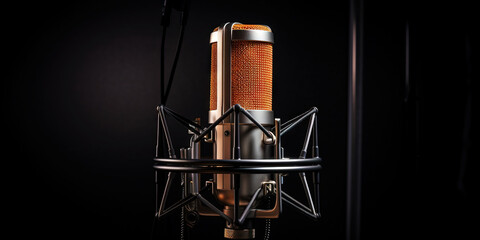 Wall Mural - Closeup of professional microphone with dark uniform backdrop. Generative AI