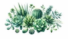 Beautiful Watercolor Of Green Plants Including Cacti, Succulents, And Leaves Arranged In A Detailed And Vibrant Illustration