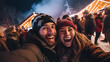 A festive selfie captures the joyful spirit of a winter festival, where smiles, laughter, and seasonal festivities come together in a heartwarming moment