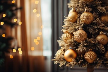 Merry christmas and happy new year. Sparkling festive tree decorations on golden bokeh background. Celebrate holidays in style. Shining in winter wonderland