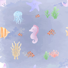 Cute Under The Sea Water Color Seamless Pattern