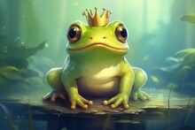 Playful Cute Frog Prince. Animal Crown Nature. Generate Ai