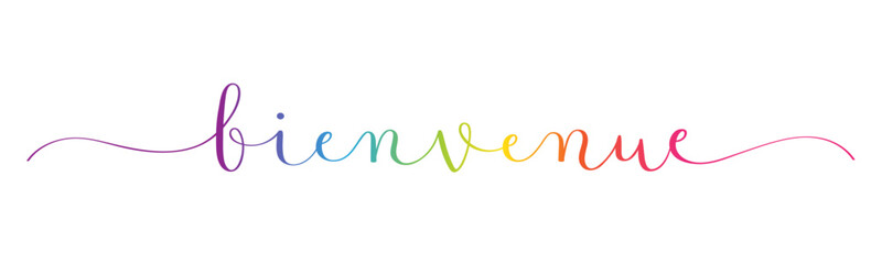 Sticker - BIENVENUE (WELCOME in French) rainbow gradient brush calligraphy banner with swashes on white background