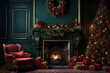 Vintage interior of living room with decorated Christmas tree and fireplace. Generative AI