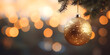 Christmas decoration gold Christmas ornaments yellow lights leaves and reindeer Christmas decoration Golden decoration on Christmas tree. Holiday background with bokeh lights.AI Generative