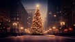 An elegant Christmas tree with shining garlands and lanterns in the center of the evening city.