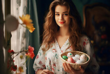 Rustic Easter Celebration In A Decorated Room – A Woman Holds A Basket Filled With Beautifully Decorated Eggs, Capturing The Essence Of The Easter Holiday's Traditions
