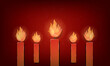 5 Red Candles with gold lining edges on dark background, no text no people. Candlelight background template. Burning candle backdrop. Vector Illustration