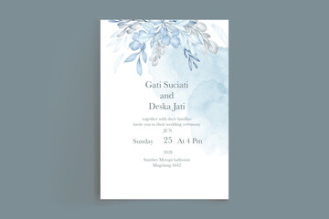 elegant blue winter leaves wedding invitation