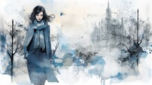 Portrait Of A Woman - Winter Illustration In Blue And Grey Tones On A Light Background, Elements Of Photography, Collage And Painting