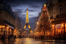 Illuminated Christmas Tree In The Old Town In Paris, With Christmas Stalls And Eiffel Tower, In The Evening
