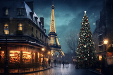 Illuminated Christmas Tree In The Old Town In Paris, With Christmas Stalls And Eiffel Tower, In The Evening