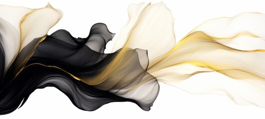 Aufkleber - Abstract marbled ink liquid fluid watercolor painting texture banner illustration - Black petals, blossom flower flowers swirls gold painted lines, isolated on white background..