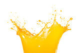 Falling orange juice splash isolated on a transparent background, splashes wave swirls drops, fluids droplets. Generative AI