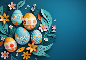 An easter card with painted eggs and leaves on a blue background 2