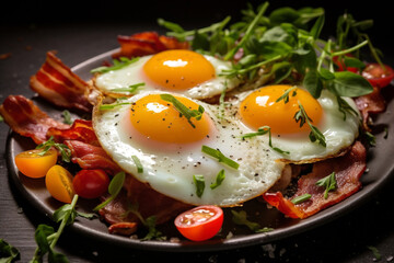 Wall Mural - Dinner food breakfast plate bacon cooked meat egg fried lunch meal bread background