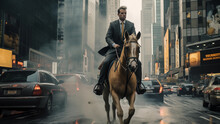 Business Man Riding A Horse On The Road