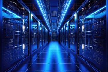 Poster - Server room data center. Internet and technology concept. 3D Rendering, server room data center with rows of server hardware. 3d rendering, AI Generated